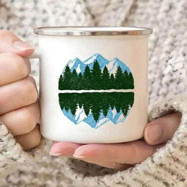 Enamel Camping Mug with Mountain and Forest Design - Estalios